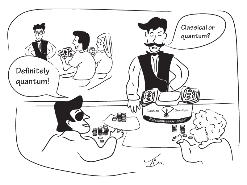 Cartoon of quantum vs classical randomness.